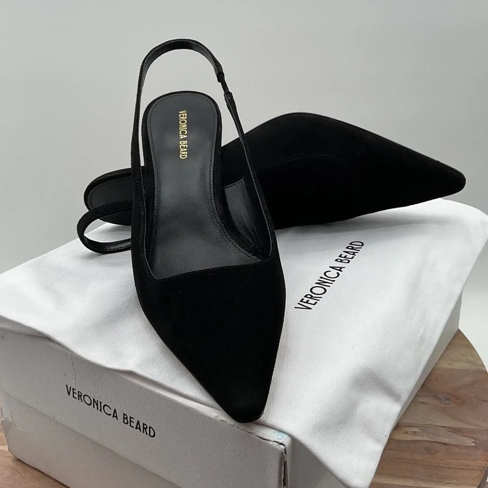 Veronica Beard Cashel Black Suede Pointed Toe Slingback Kitten Heel Pumps 8M - Picture 3 of 15